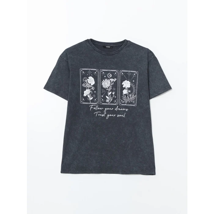 XSIDE Antrasit Bisiklet Yaka Çiçekli Kadın Tişört