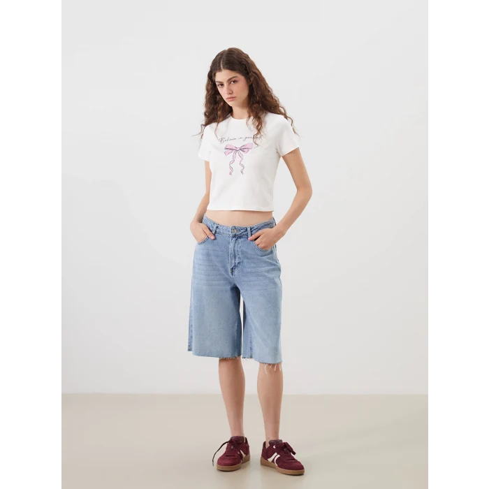 XSIDE Ekru Bisiklet Yaka Baskılı Crop