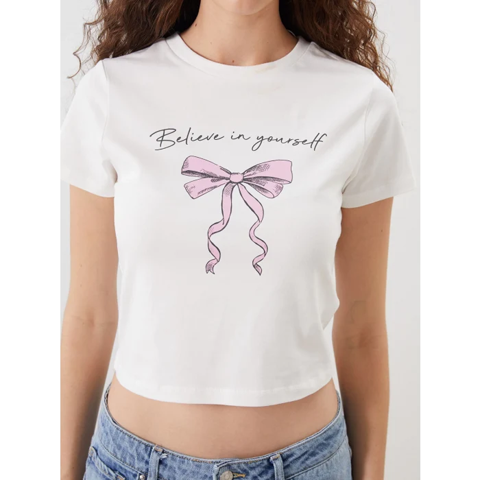 XSIDE Ekru Bisiklet Yaka Baskılı Crop