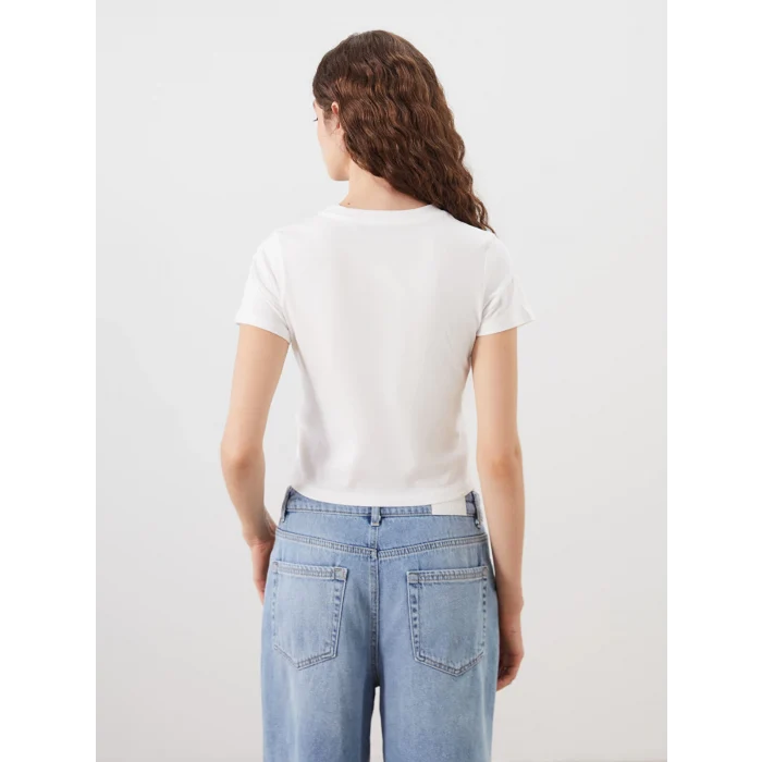 XSIDE Ekru Bisiklet Yaka Baskılı Crop