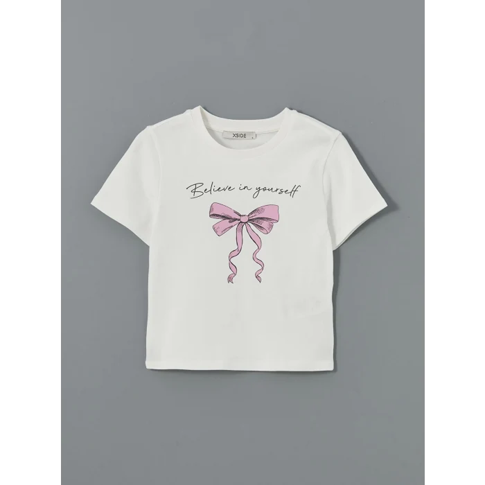 XSIDE Ekru Bisiklet Yaka Baskılı Crop