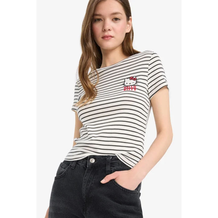 Defacto F4566 Beyaz Coool Hello Kitty Çizgili Bisiklet Yaka Kısa Kollu Tişört