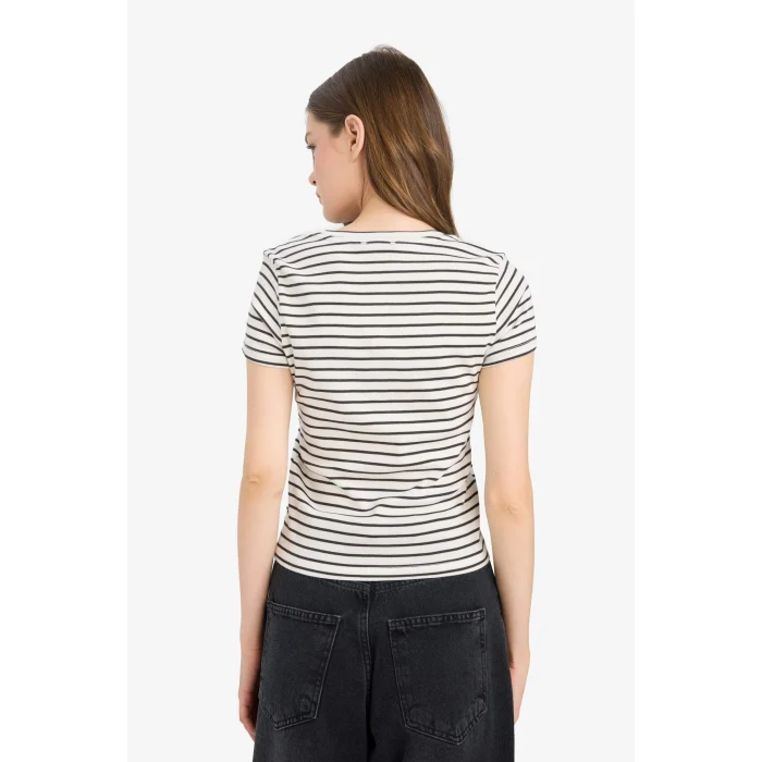 Defacto F4566 Beyaz Coool Hello Kitty Çizgili Bisiklet Yaka Kısa Kollu Tişört