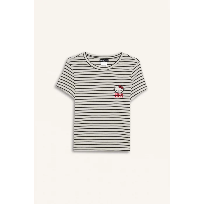 Defacto F4566 Beyaz Coool Hello Kitty Çizgili Bisiklet Yaka Kısa Kollu Tişört