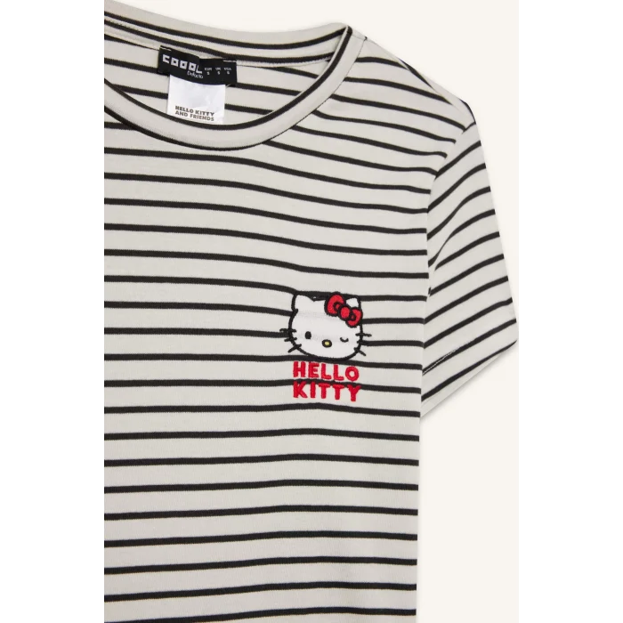 Defacto F4566 Beyaz Coool Hello Kitty Çizgili Bisiklet Yaka Kısa Kollu Tişört