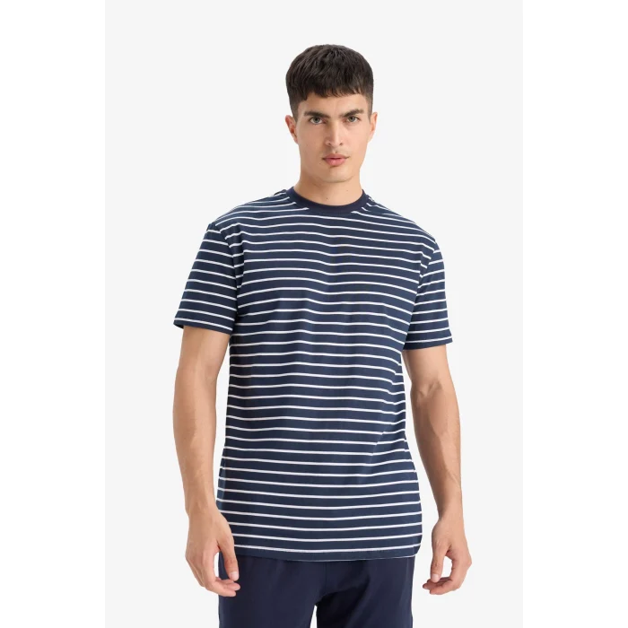 Defacto E0514 Lacivert Pijama Takımı Regular Fit Çizgili Kısa Kollu Üst Uzun Alt