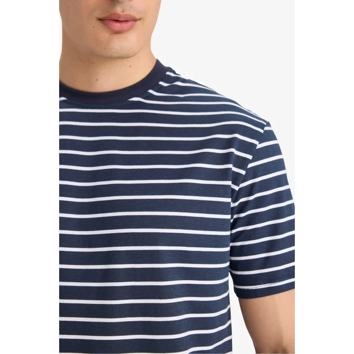 Defacto E0514 Lacivert Pijama Takımı Regular Fit Çizgili Kısa Kollu Üst Uzun Alt