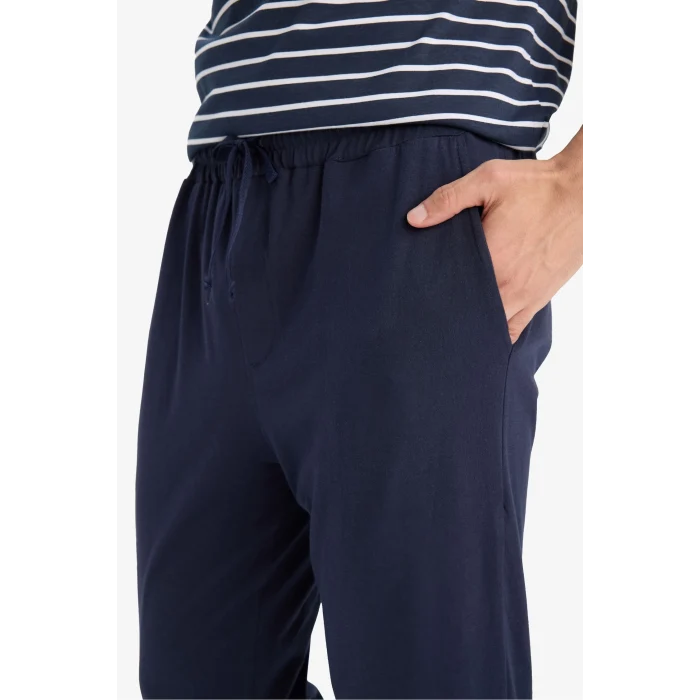 Defacto E0514 Lacivert Pijama Takımı Regular Fit Çizgili Kısa Kollu Üst Uzun Alt