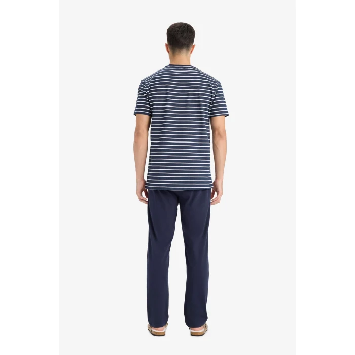 Defacto E0514 Lacivert Pijama Takımı Regular Fit Çizgili Kısa Kollu Üst Uzun Alt