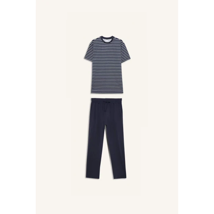 Defacto E0514 Lacivert Pijama Takımı Regular Fit Çizgili Kısa Kollu Üst Uzun Alt