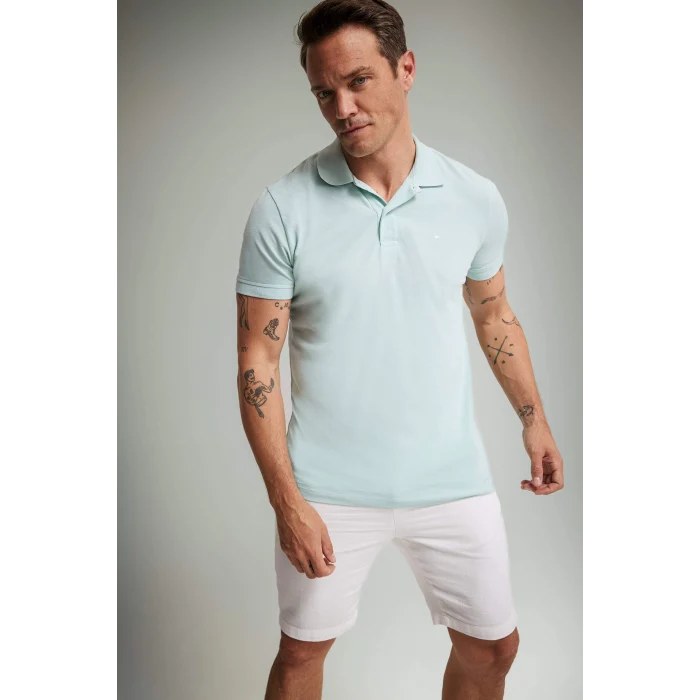 Defacto E2633 Yeşil %100 Pamuk Slim Fit Dar Kesim Polo Yaka Kısa Kollu Pamuklu Nakışlı Pike Polo Tişört