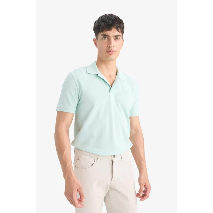 Defacto E2633 Yeşil %100 Pamuk Slim Fit Dar Kesim Polo Yaka Kısa Kollu Pamuklu Nakışlı Pike Polo Tişört