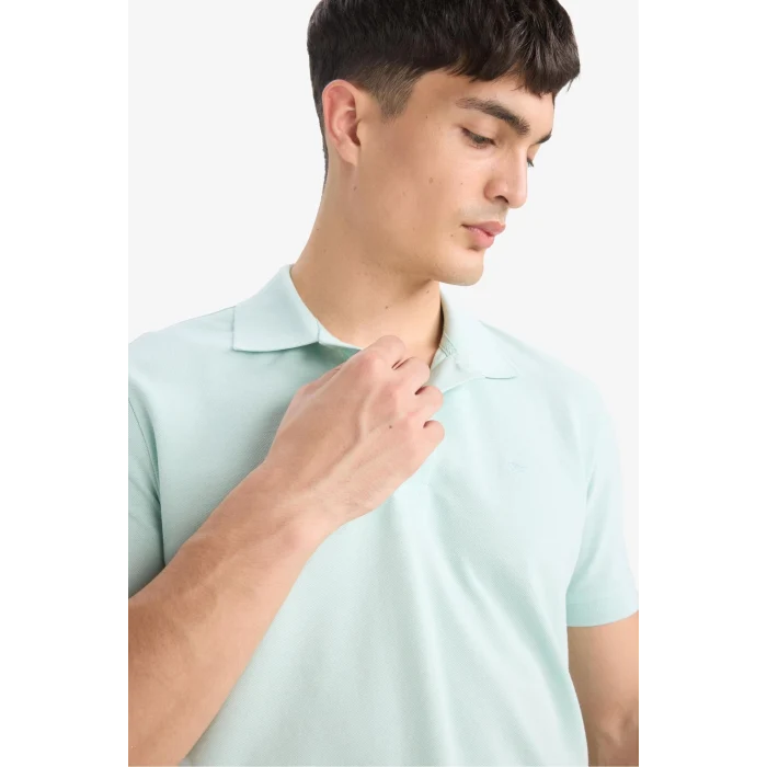 Defacto E2633 Yeşil %100 Pamuk Slim Fit Dar Kesim Polo Yaka Kısa Kollu Pamuklu Nakışlı Pike Polo Tişört