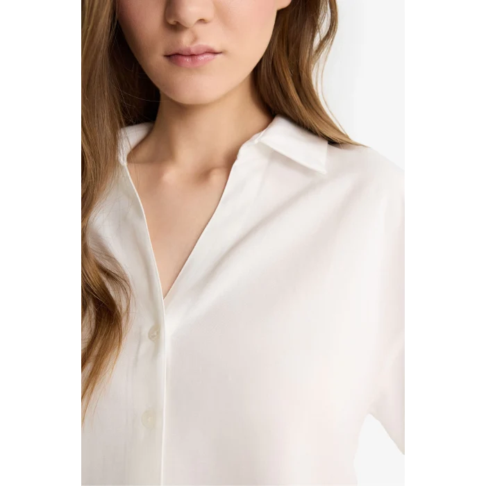 Defacto C3807 Beyaz Oversize Geniş Kalıp Keten Karışımlı Kısa Kollu Beyaz Gömlek