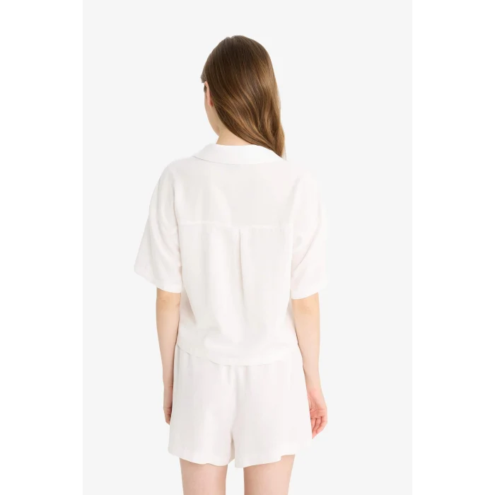 Defacto C3807 Beyaz Oversize Geniş Kalıp Keten Karışımlı Kısa Kollu Beyaz Gömlek
