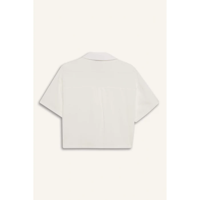 Defacto C3807 Beyaz Oversize Geniş Kalıp Keten Karışımlı Kısa Kollu Beyaz Gömlek