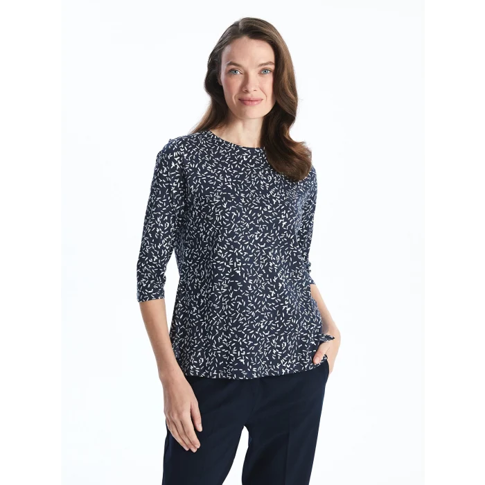 LCW Grace Lacivert Bisiklet Yaka Desenli Kadın Tişört