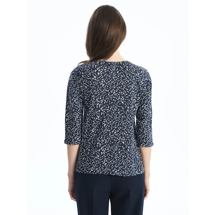 LCW Grace Lacivert Bisiklet Yaka Desenli Kadın Tişört