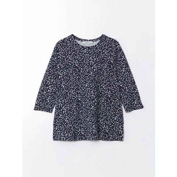 LCW Grace Lacivert Bisiklet Yaka Desenli Kadın Tişört