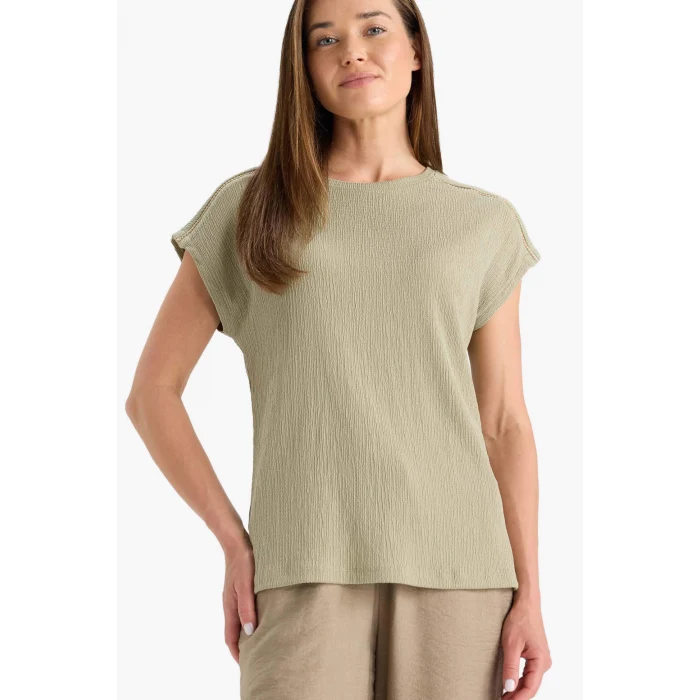 Defacto F2768 Yeşil Bisiklet Yaka Bürümcük Kısa Kollu Tişört