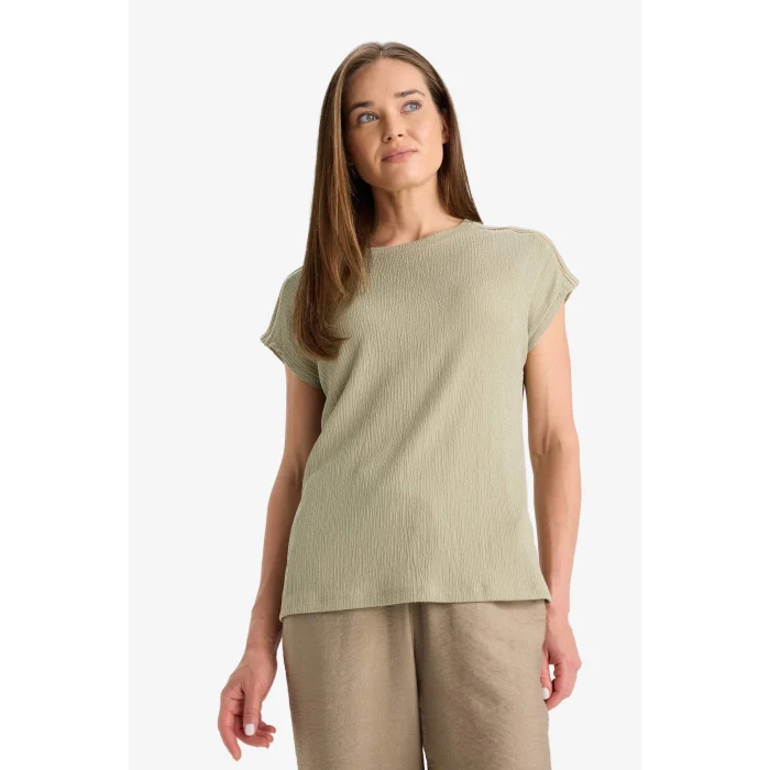 Defacto F2768 Yeşil Bisiklet Yaka Bürümcük Kısa Kollu Tişört