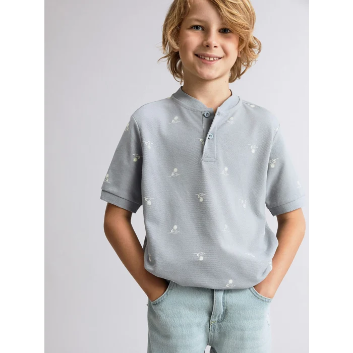 LCW Kids Ekru Hakim Yaka Desenli Erkek Çocuk Pike Tişört