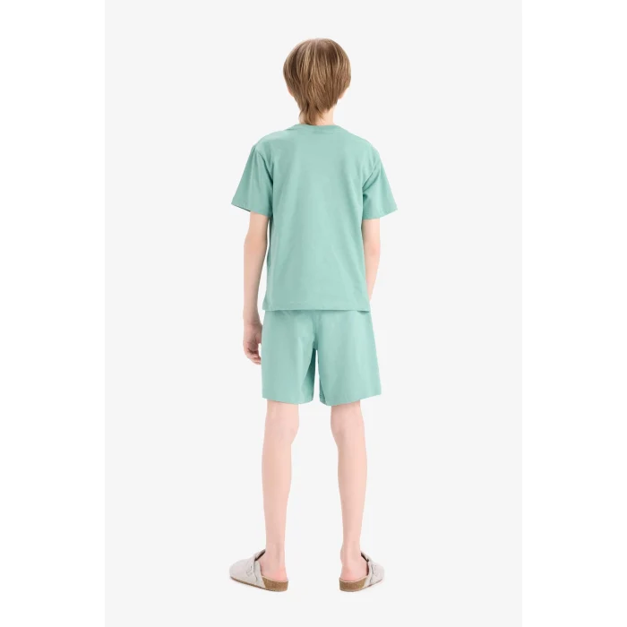 Defacto E6649 Yeşil Erkek Çocuk Pijama Takımı Baskılı Kısa Kollu Üst Beli Lastikli Şort