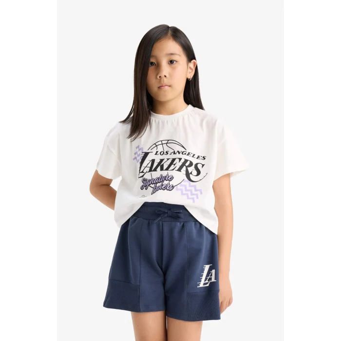 Defacto E7632 Ekru Kız Çocuk NBA Los Angeles Lakers Bisiklet Yaka Kısa Kollu Tişört