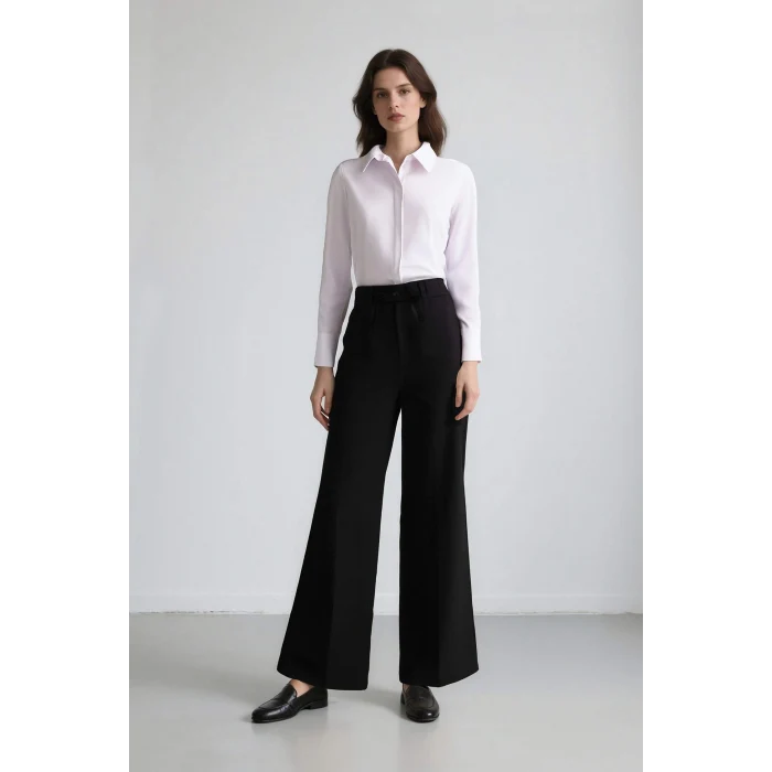 Defacto E5970 Siyah Afra x Defacto Wide Leg Kumaş Palazzo Pantolon Üç Cepli Normal Bel Standart Boy