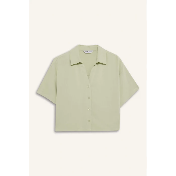 Defacto C3807 Yeşil Oversize Geniş Kalıp Keten Karışımlı Kısa Kollu Gömlek