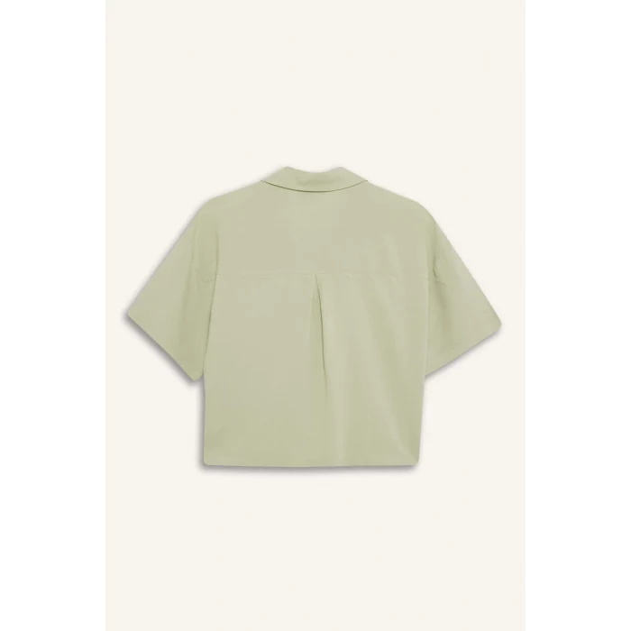 Defacto C3807 Yeşil Oversize Geniş Kalıp Keten Karışımlı Kısa Kollu Gömlek