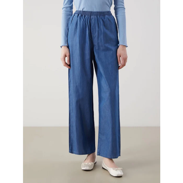 LCW Modest Indigo Beli Lastikli Wideleg Kadın Jean Pantolon