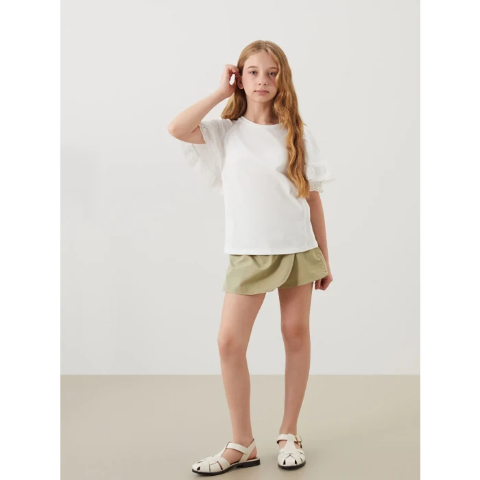 LCW Kids Ekru Bisiklet Yaka Fisto Detaylı Kız Çocuk Tişört