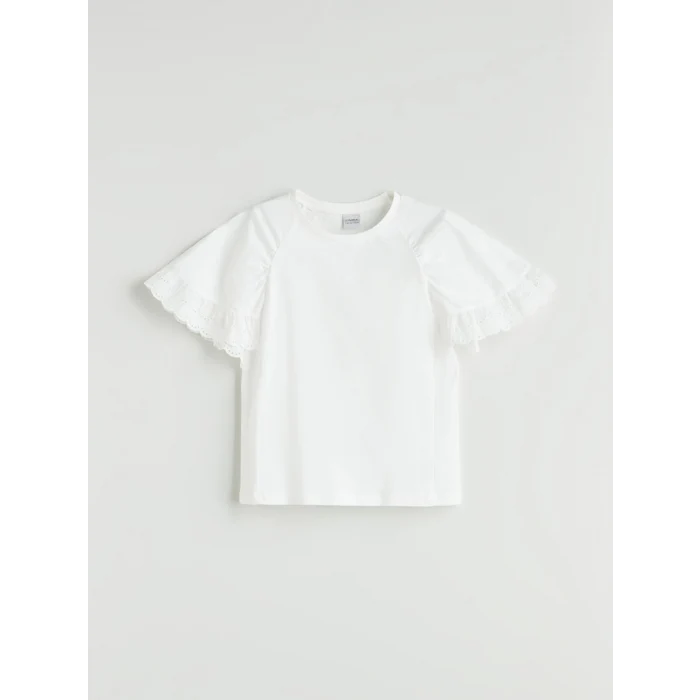 LCW Kids Ekru Bisiklet Yaka Fisto Detaylı Kız Çocuk Tişört