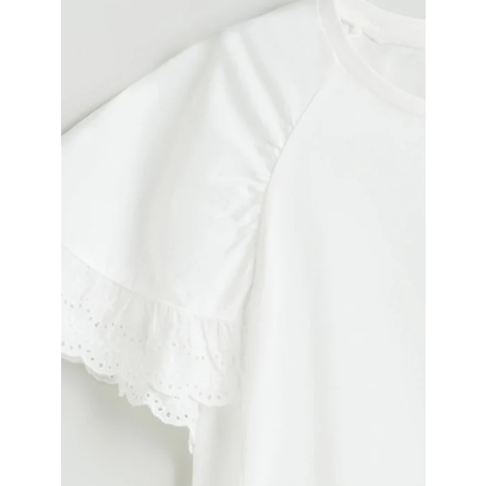 LCW Kids Ekru Bisiklet Yaka Fisto Detaylı Kız Çocuk Tişört