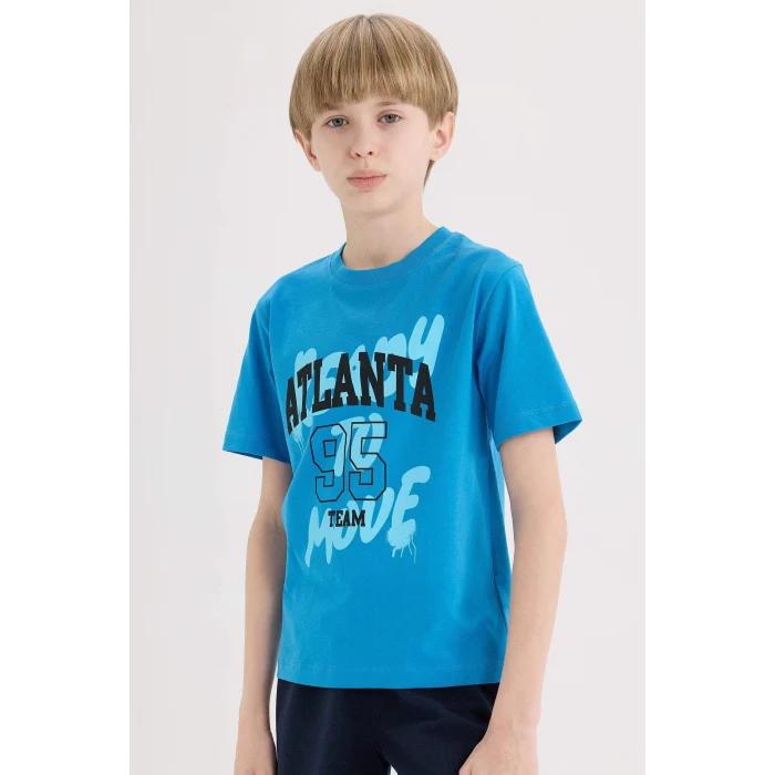 Defacto E0186 Turkuaz Erkek Çocuk Bisiklet Yaka Baskılı Kısa Kollu Tişört