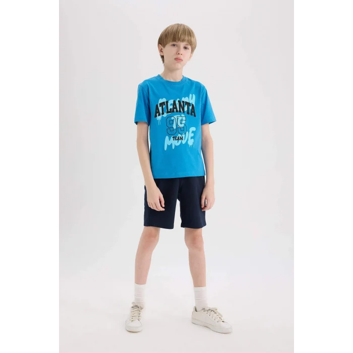 Defacto E0186 Turkuaz Erkek Çocuk Bisiklet Yaka Baskılı Kısa Kollu Tişört