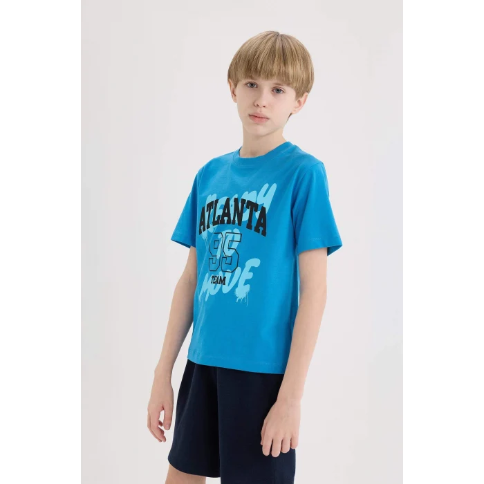 Defacto E0186 Turkuaz Erkek Çocuk Bisiklet Yaka Baskılı Kısa Kollu Tişört