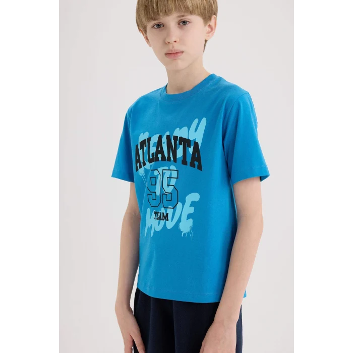 Defacto E0186 Turkuaz Erkek Çocuk Bisiklet Yaka Baskılı Kısa Kollu Tişört