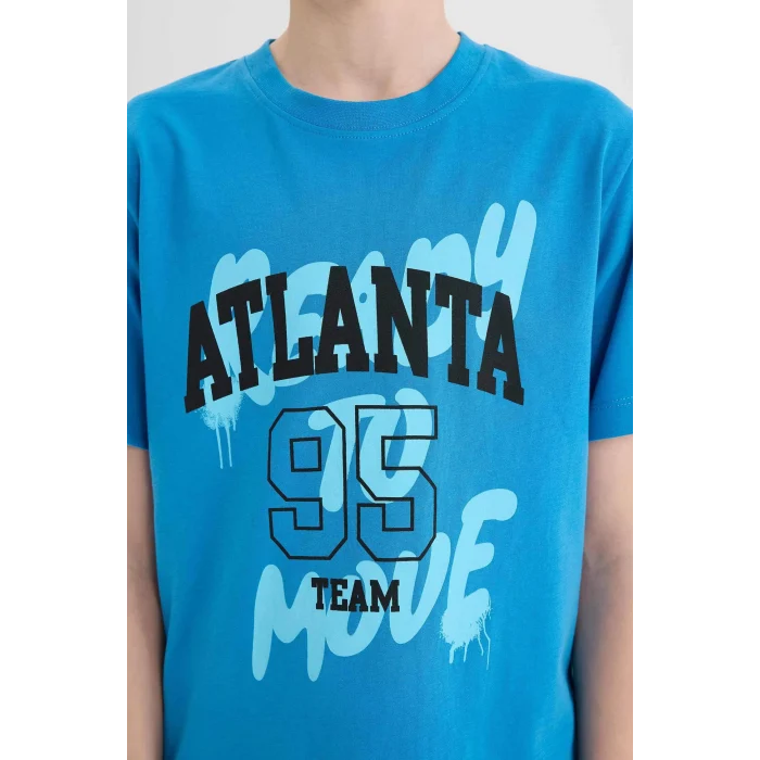 Defacto E0186 Turkuaz Erkek Çocuk Bisiklet Yaka Baskılı Kısa Kollu Tişört