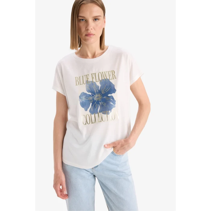 Defacto F5100 Ekru Bisiklet Yaka Çiçekli Kısa Kollu Tişört