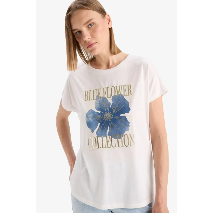 Defacto F5100 Ekru Bisiklet Yaka Çiçekli Kısa Kollu Tişört