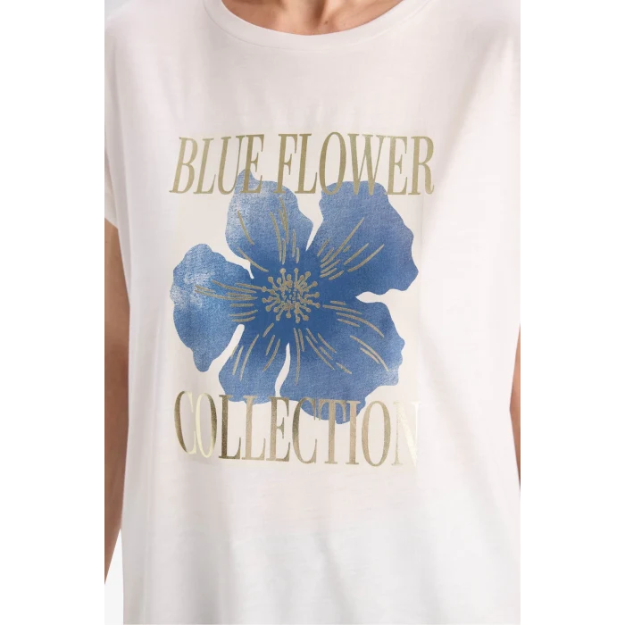 Defacto F5100 Ekru Bisiklet Yaka Çiçekli Kısa Kollu Tişört