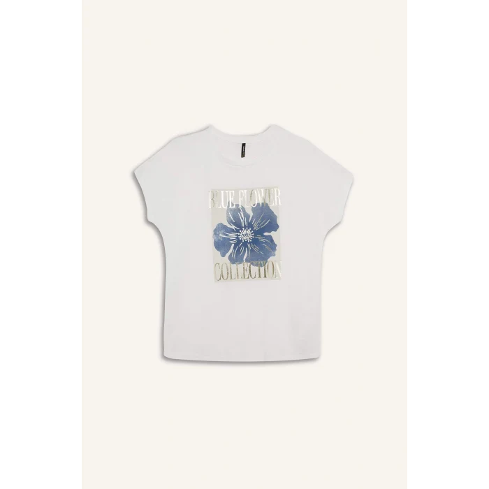 Defacto F5100 Ekru Bisiklet Yaka Çiçekli Kısa Kollu Tişört