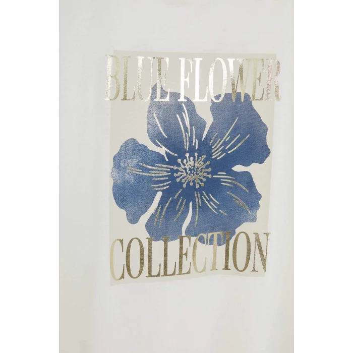 Defacto F5100 Ekru Bisiklet Yaka Çiçekli Kısa Kollu Tişört