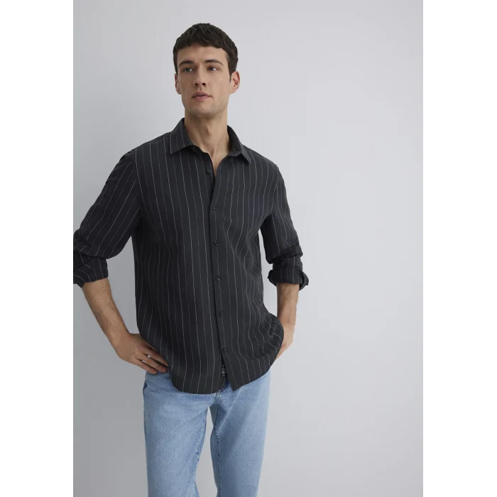 Mavi 0211515-89892 Keten Karışımlı Çizgili Siyah Gömlek