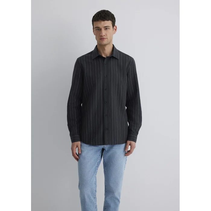 Mavi 0211515-89892 Keten Karışımlı Çizgili Siyah Gömlek