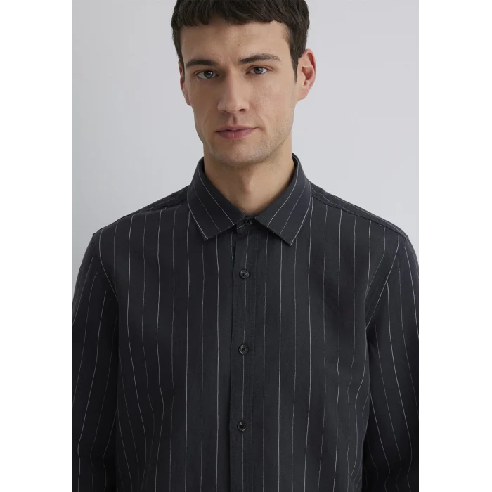Mavi 0211515-89892 Keten Karışımlı Çizgili Siyah Gömlek