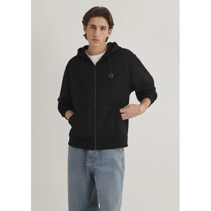 Mavi 066979-900 Mavi Logolu Kapüşonlu Fermuarlı Siyah Sweatshirt