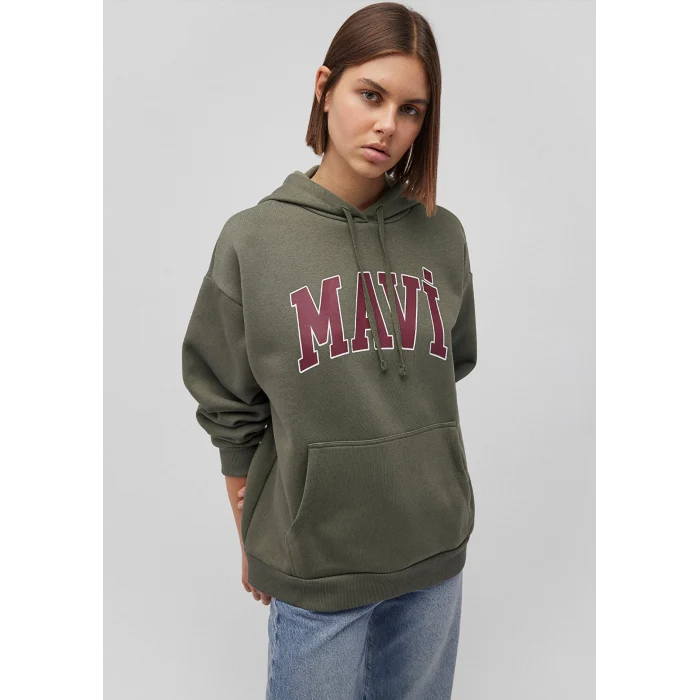 Mavi 1600361-71581 Mavi Logo Baskılı Kapüşonlu Haki Sweatshirt